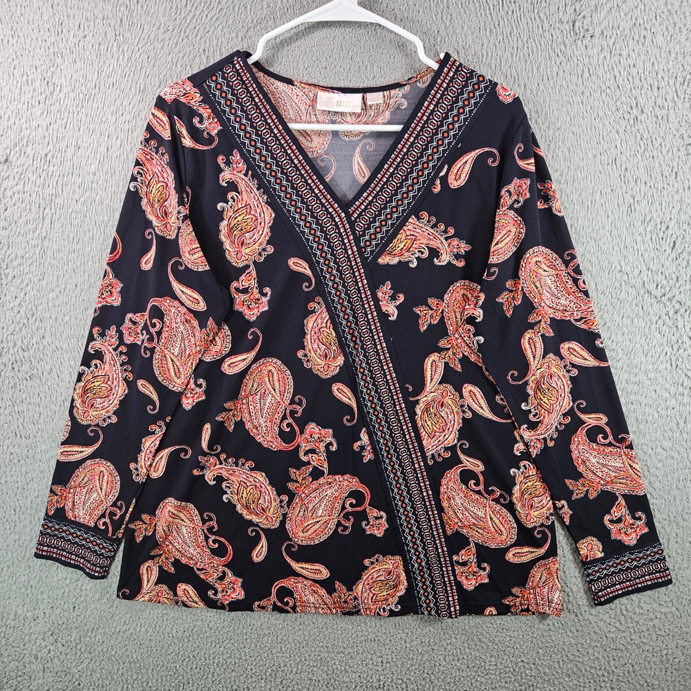 Belle Kim Gravel Paisley Wrap Neck Long Sleeve Top Womens Size M Navy Orange‎